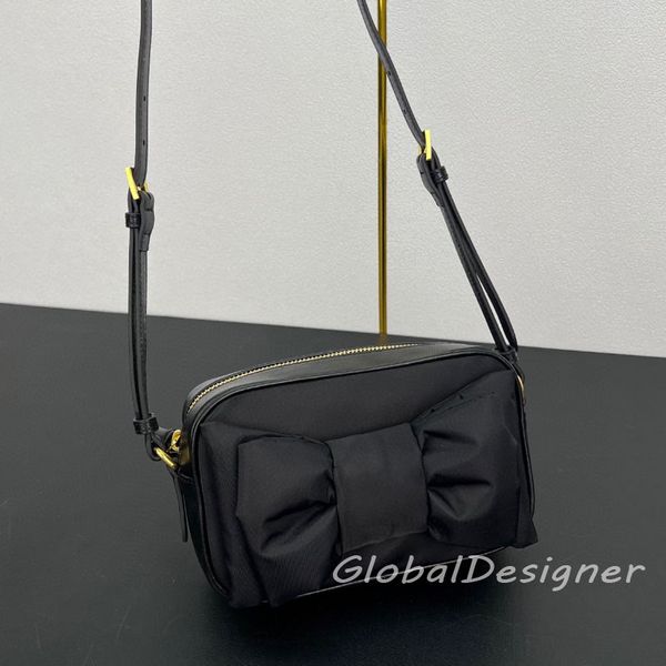 

high quality luxury women crossbody bag black oversized bow designer lady shoulder bag romantic cute wallet Nylon nappa leather purse zipper closure cosmetic bag 7A