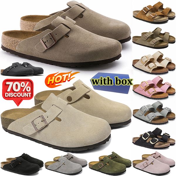 

with box men women designer sandals comfort slippers stylish slides outdoor clogs trending Unisex mules Two-Strap shoes Taupe black suede Nubuck leather, Color#23