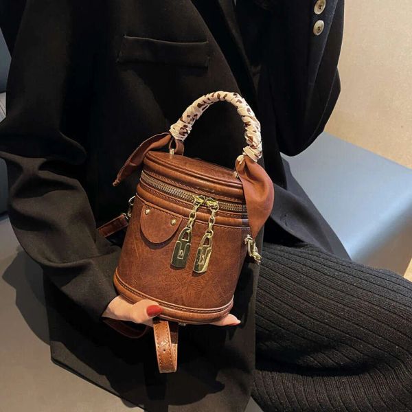 

Barrel Shape Mini Crossbody Bags For Women 2025Trend Vintage Designer Top Handle Shoulder Bag Bucket Ladies Handbags, Brown
