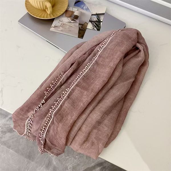 T702 solid color sunshade shawl scarf cotton linen long solid color lace splicing holiday scarf