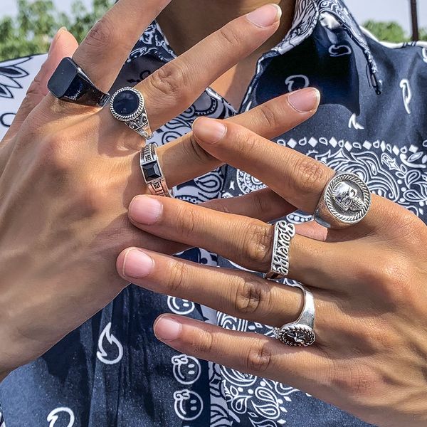 

Retro Geometric Crystal 6-Piece Set Men's Rings - Trendy Minimalist Fashion Alloy Ring Set