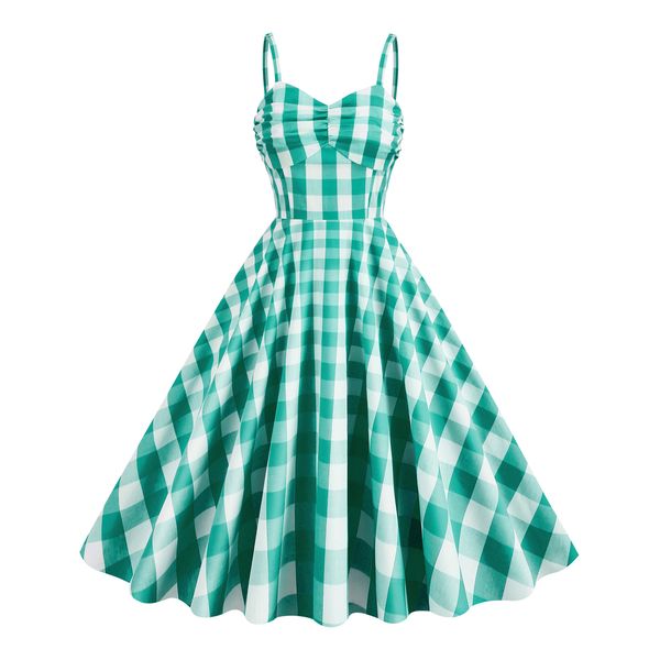 

024-A green grid beauty dress for summer., Contrast color