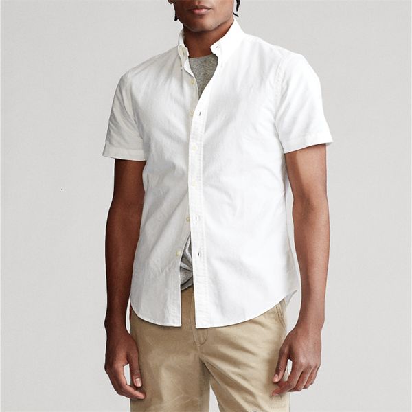 

Men Summer Short Sleeve Shirt Casual Button Down Tee Solid Color or Plaid Style Striped Design with Pocket Small Horse Embroidery Classic Slim Fit Lapel Shirt, Hc614-white