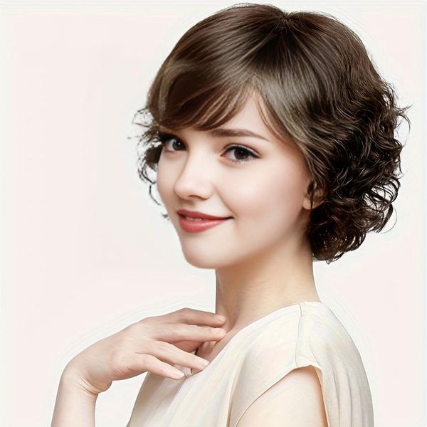 

Silk Full Wig with Short Curly Waves for Middle-aged Moms - Comfortable Breathability & Invisible Stitching, 2/33#