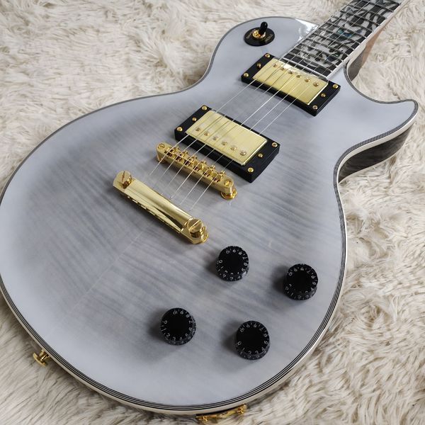 

Silver Gray LP-Style Guitar - Wood Grain Gradient & Gold Hardware | Pro Dual Coils