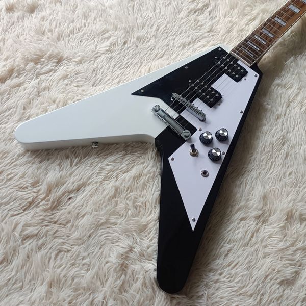 

Black & White V-Style Guitar - Dual Pickups & Metallic Hardware | Stage-Ready Contrast Design