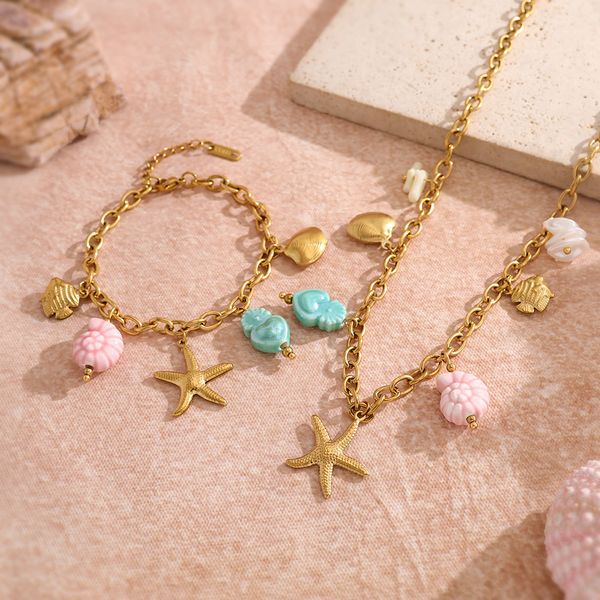 

Ocean Inspired Fish & Starfish Titanium Steel Bracelet with Colorful Ceramic Charms, Elegant Necklace for Women