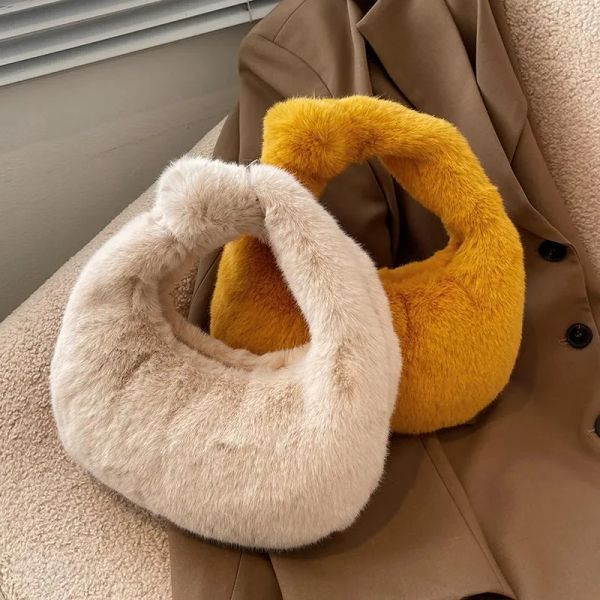 

Evening Bags Fashion Luxury Faux Fur Half Moon Women's Handbags Designer Lady Hand Fluffy Soft Plush Warm Winter Clutch Shoulder, Black