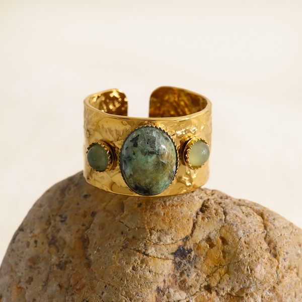 

European style stainless steel natural stone ring with 18K gold plating, irregular design, wide open cuff ring for women.