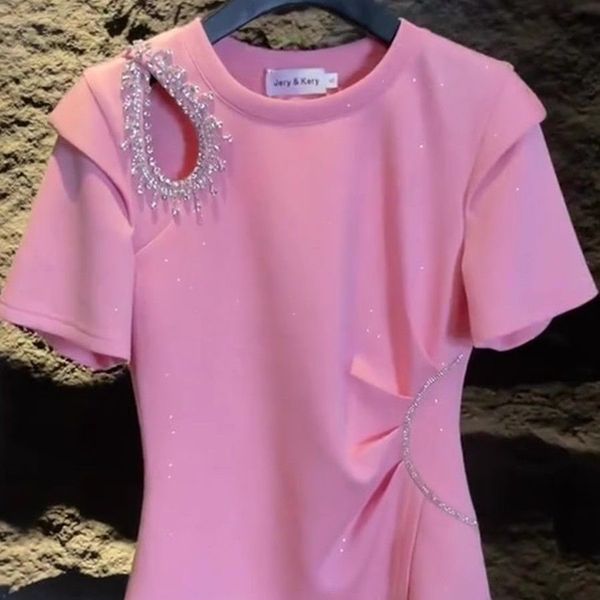 

Fashion Women's Summer Short Sleeve T-Shirt with Rhinestone Embellishments, White