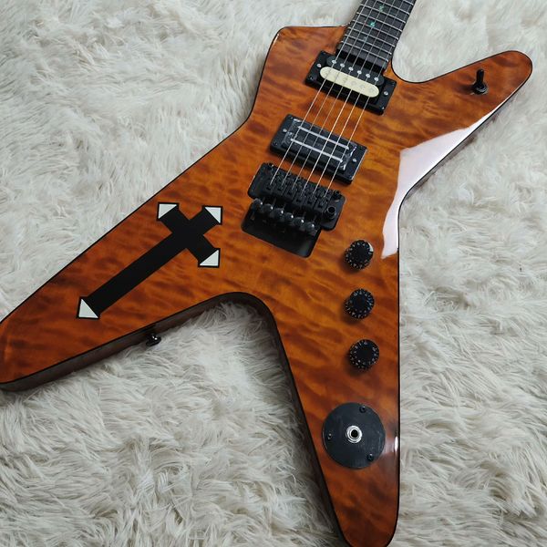 

Angular Flame-Patterned Electric Guitar: Brown Finish, Black Cross & 3 Pickups