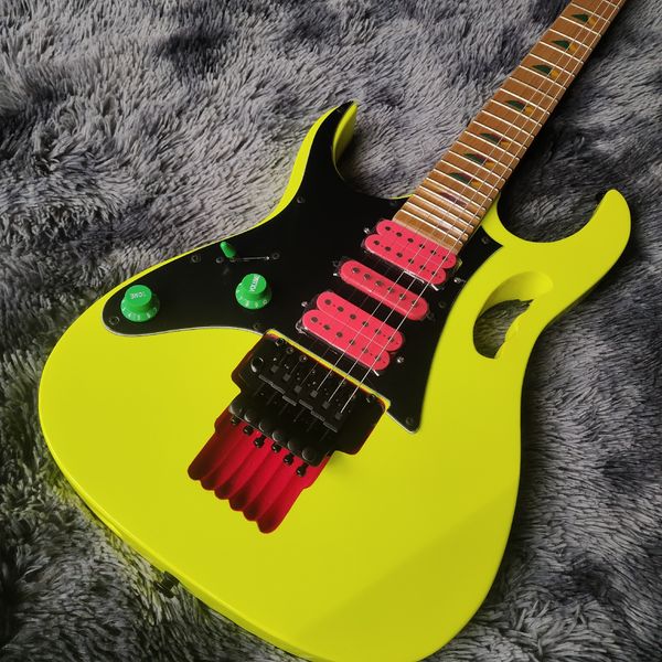 

Vibrant Glossy Yellow Solid-Body Guitar: Black Pickguard, 3 Red Pickups & Green Controls