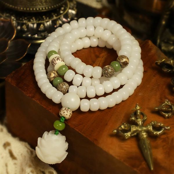

Buddha Stones White Jade Bodhi Lotus Mala Harmony Necklace Bracelet