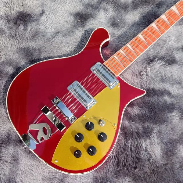 

Striking Glossy Red Electric Guitar: Yellow Pickguard, Metallic Hardware & Orange Neck