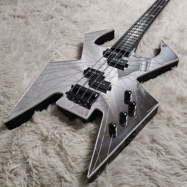 

Futuristic Angular Silver Guitar: Metallic Finish, Linear Patterns & Black Pickups