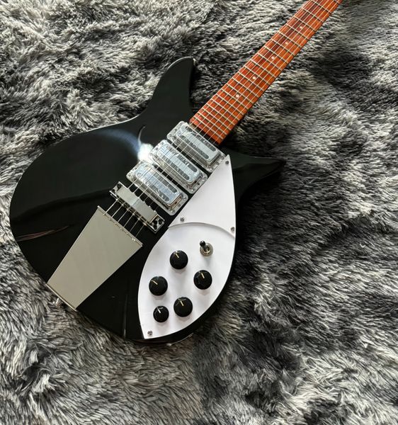 

Sleek Glossy Black Electric Guitar: White Textured Guard, Metallic Pickups & Reddish Neck