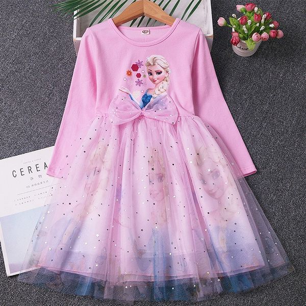 

Frozen Elsa princess kids baby designer clothes girl Spring and Children's Autumn Puff Dress., Pink