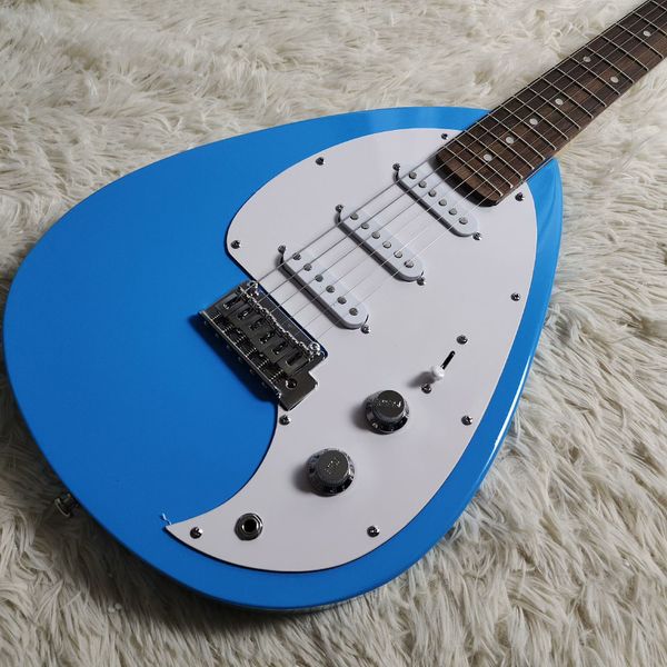 

Vibrant Blue Unique-Shaped Guitar: Large White Pickguard, 2 Pickups & Metallic Bridge