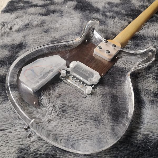 

Unique Transparent-Body Electric Guitar: Brown Wood Accents, Black Pickup & Metallic Bridge