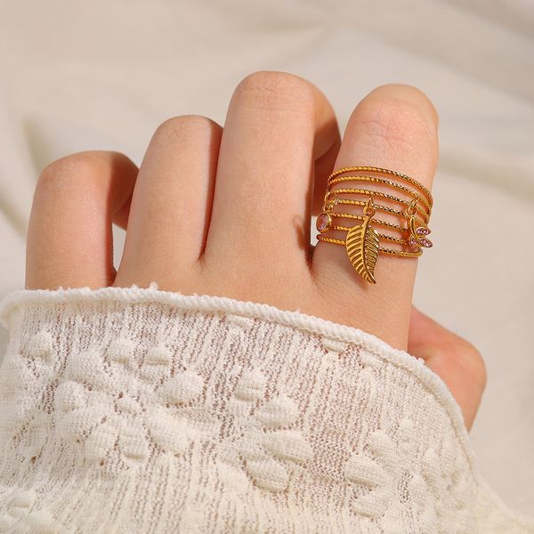 

18K Gold Plated Titanium Steel Open Ring with Leaf and Crystal Pendant, Luxe Multi-line Design for Women