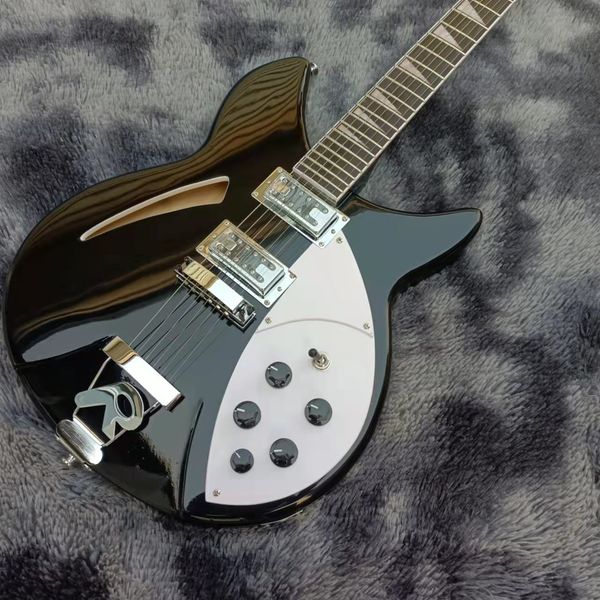 

Sleek Glossy Black Electric Guitar: White Pickguard, 2 Metallic Pickups & Triangular Inlays