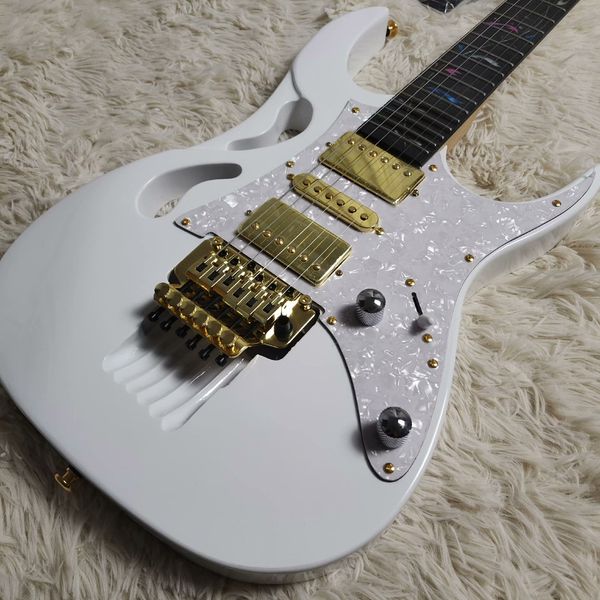 

Sleek White Electric Guitar: Textured Pickguard, Gold Hardware & Colorful Inlays