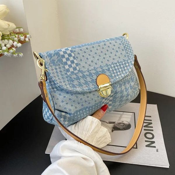 

Designer Vintage Houndstooth Pattern Women 's Shoulder Flap Zipper Denim Handbag Underarm Bag Shopper, Dark blue