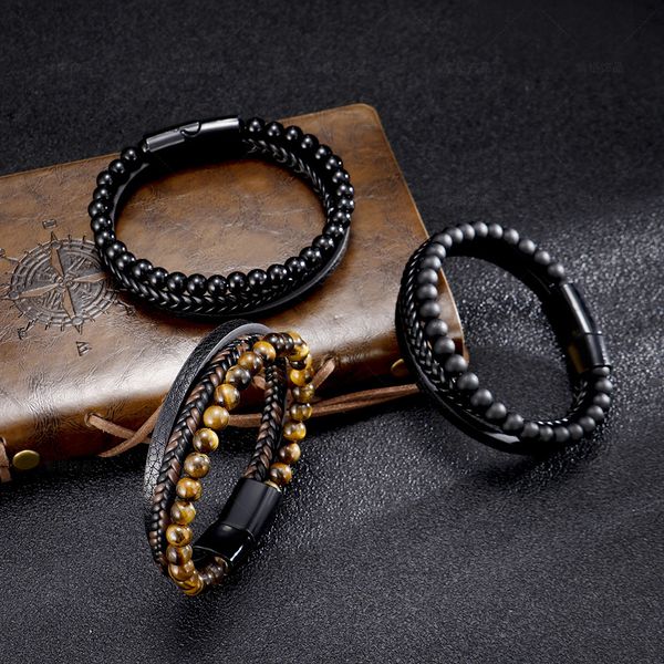 

Handcrafted Men's Beaded Bracelet with Natural Tiger Eye Stones & Stainless Steel Cross - Leather & Alloy Material for Stylish Fashion Accessories