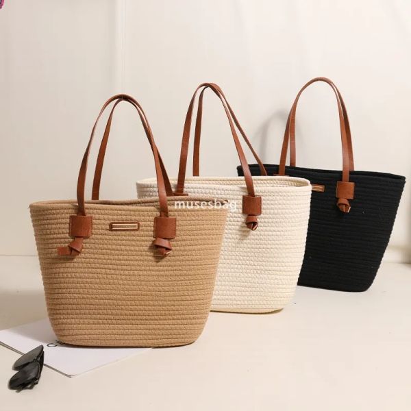 

High end women's designer minimalist single shoulder cotton woven bag new large capacity and lightweight tote grass woven bag vacation style beach bag versatile, Black