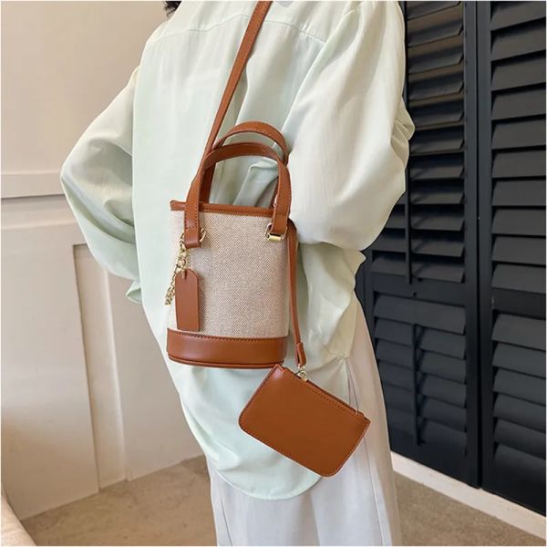 

2pcs Small Bucket Bag Crossbody Bag with Short Handle for Women 2023 Spring Trend Vintage Designer Leather Handbags and Purses, Pink
