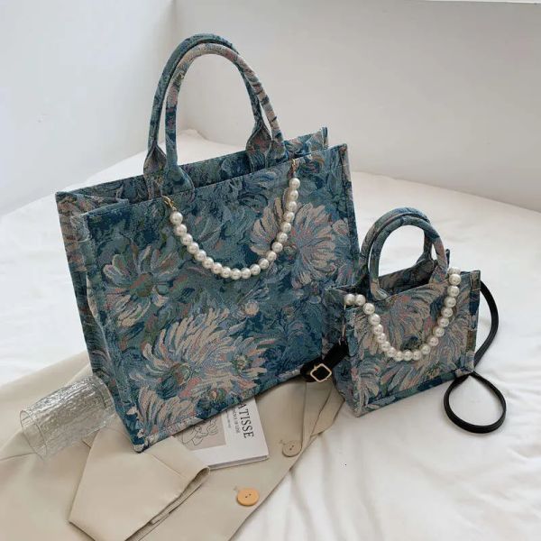 

Handbags Unusual Oil painting style Designer New Women 2025 New Woman Canvas Denim Tote Bag Pearl Bead Decorated Femme, Blue