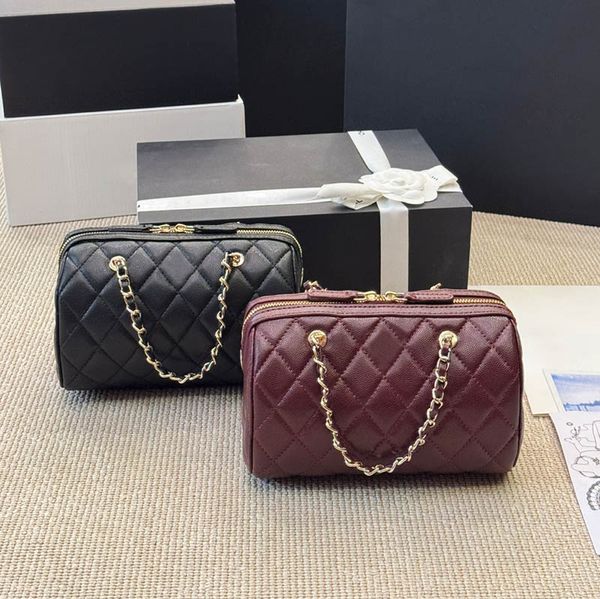 

Designer Women Ellipse Bowling Bag with Chain Handle Caviar Calfskin Leather Diamond Lattice Gold Letters Hardware Shoulder Tote Purse Crossbody Handbag 19x12cm, Black