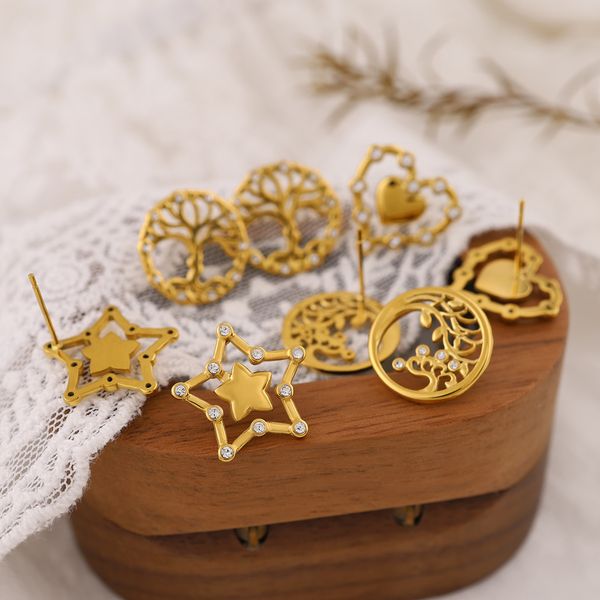 

High-End PVD 18K Gold Plated Stainless Steel Hollow Tree of Life Earrings with Crystal Accents, Geometric Heart and Star Design for Women