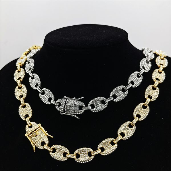 

New Hip Hop Iced Out Coffee Bean Link Chain Necklace and Bracelet Set for Men Women Bling Jewelry with Buckle Lock Design Wholesale
