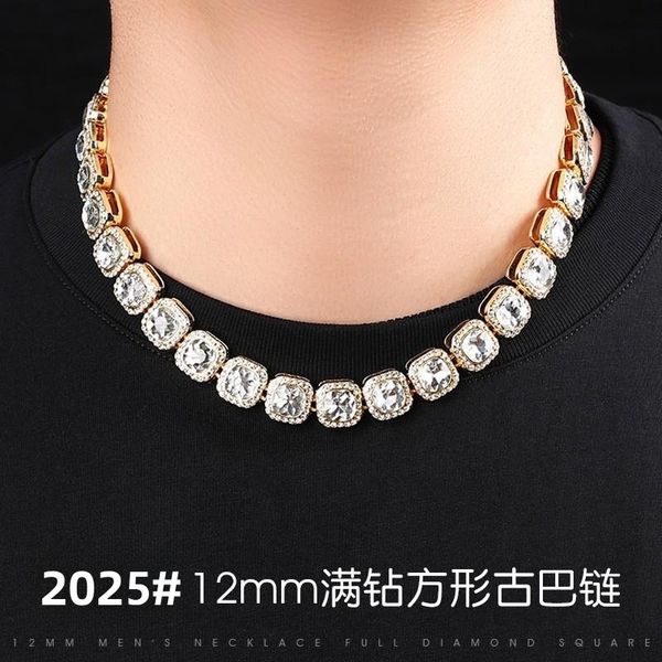 

New 12mm Glass Ice Sugar Cuban Link Necklace for Men, Hip Hop Style, Trendy Fashion Alloy Chain, Gold/Silver Color with AAA Crystal