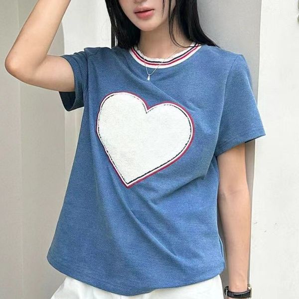 

fashion womens highend Leisure T-shirt high quality women luxury Washing process tees original Heart-shaped embroidery design female tops, Blue