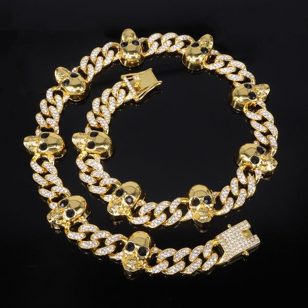 

Trendy Gold and Silver Skull Diamond Cuban Link Chain Necklace for Men and Women - Hiphop Punk Style, Cool and Fashionable