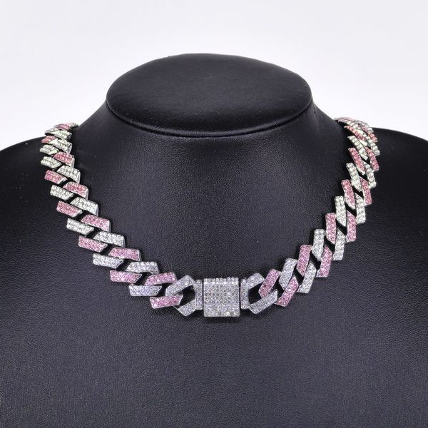 

New 15mm Diamond-Studded Cuban Link Necklace with Rhodium-Plated Pink and Blue Water Diamonds - Trendy Hip Hop Style for Cross-Border Wholesale