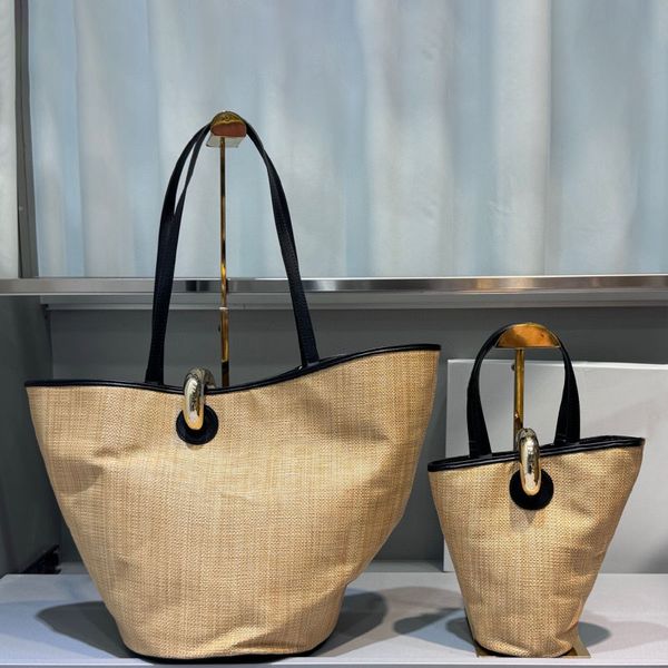 

7A quality women Real leather Le Petit Bamboo autumn and winter gold buckle handbag asymmetrical vegetable basket shaped designer simple bucket Maffei grass linen, Beige