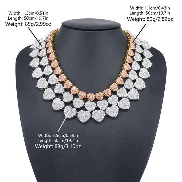 

Trendy Full Rhinestone Heart Cuban Link Necklace for Men and Women, Cool Hip Hop Bling Chain, Gold Silver Alloy Jewelry for Streetwear Style