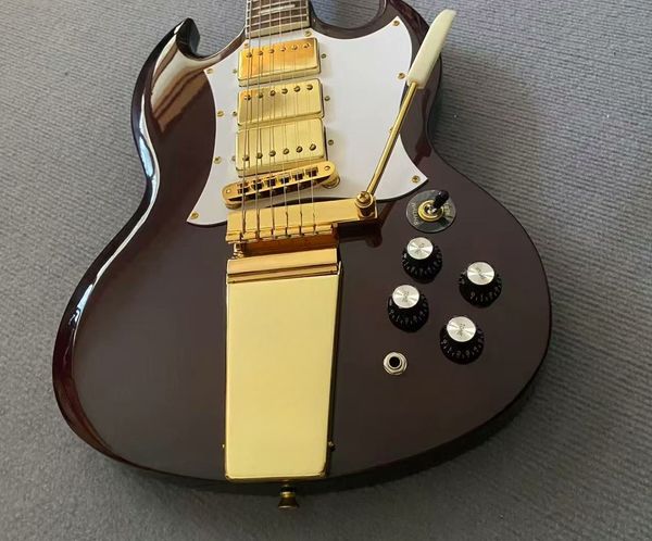 

Gloss Deep Red Double-Cut Guitar w/ 3 Gold Humbuckers & Vibrato Bridge - Rock Ready