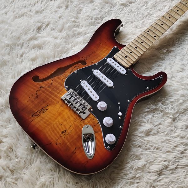 

Semi-Hollow Sunburst Guitar: Red-to-Orange Gradient, F-Hole & Three White Pickups