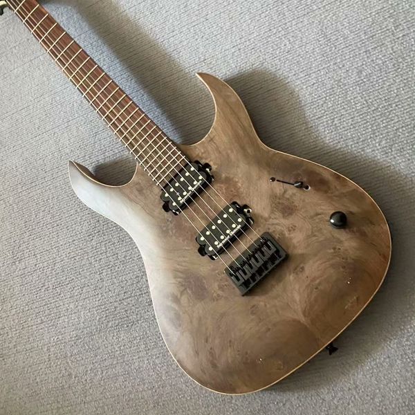 

Modern Natural Wood Double-Cut Guitar: Black Humbuckers, White Dot Inlays & Fixed Bridge