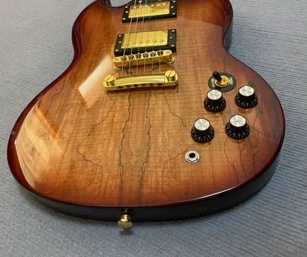 

Gradient Brown Double-Cut Guitar w/ Wood Grain & Gold Hardware - Rock Tuned