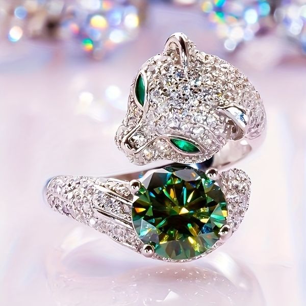 

2CT color moissanite S925 sterling silver leopard jaguar animal ring, unique and high-end, light luxury, fashionable and cute band animal ring