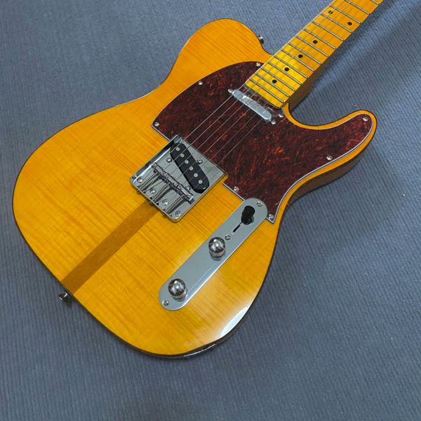 

Warm Yellow Gloss Single-Cut Guitar: Brown Center Stripe & Marbled Reddish-Brown Pickguard