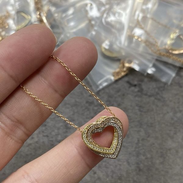 V Gold Plated Mic Gold New Three Color Love Full Diamond Necklace Fashionable Commuter Three Ring Heart Shaped
