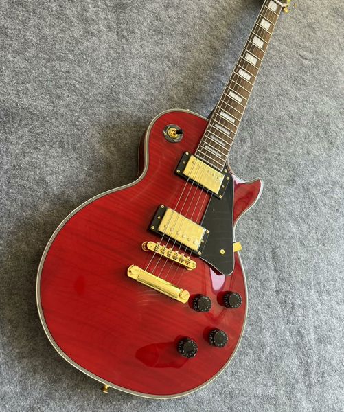 

Red Wood Grain Guitar: Gold Hardware, Black Guard & Dual Humbuckers - Rock Precision