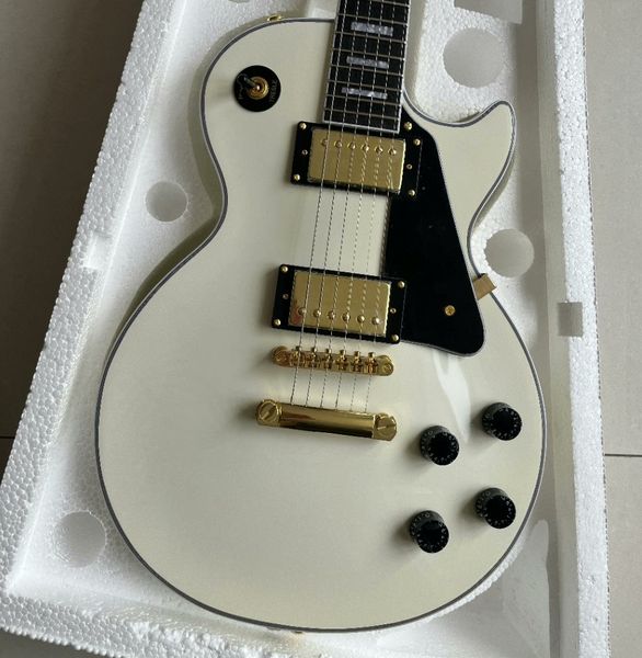 

White/Gold Rock Guitar: Dual Humbuckers, Black Guard & Metallic Edge - Stage Ready