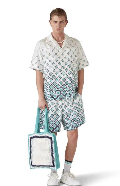 

25ss Casabalnc Top Quality New Tide Summer Thin Versatile Loose Silk Straight Shorts Men Women Designer Casual Plaid Printed Linen Pocket Lapel Cardigan Shirt Set, Sage